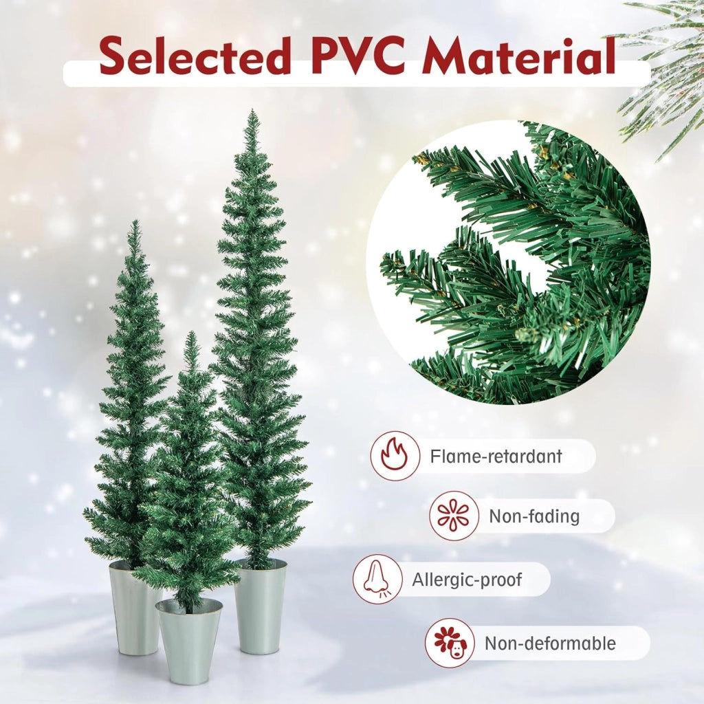 Set di 3 Albero di Natale Artificiale in Vaso con Alberi Finti da 90/120/150 cm, Alberi di Natale Sottili a Matita con Secchi in Metallo Argentato, Decorazione Festiva (Verde)