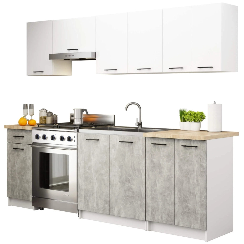 AKORD Set di Mobili da Cucina OLIWIA 240 cm Bianco 240 cm 11 ante 1 cassetto inserto frontale Cemento 240x46x203 cm