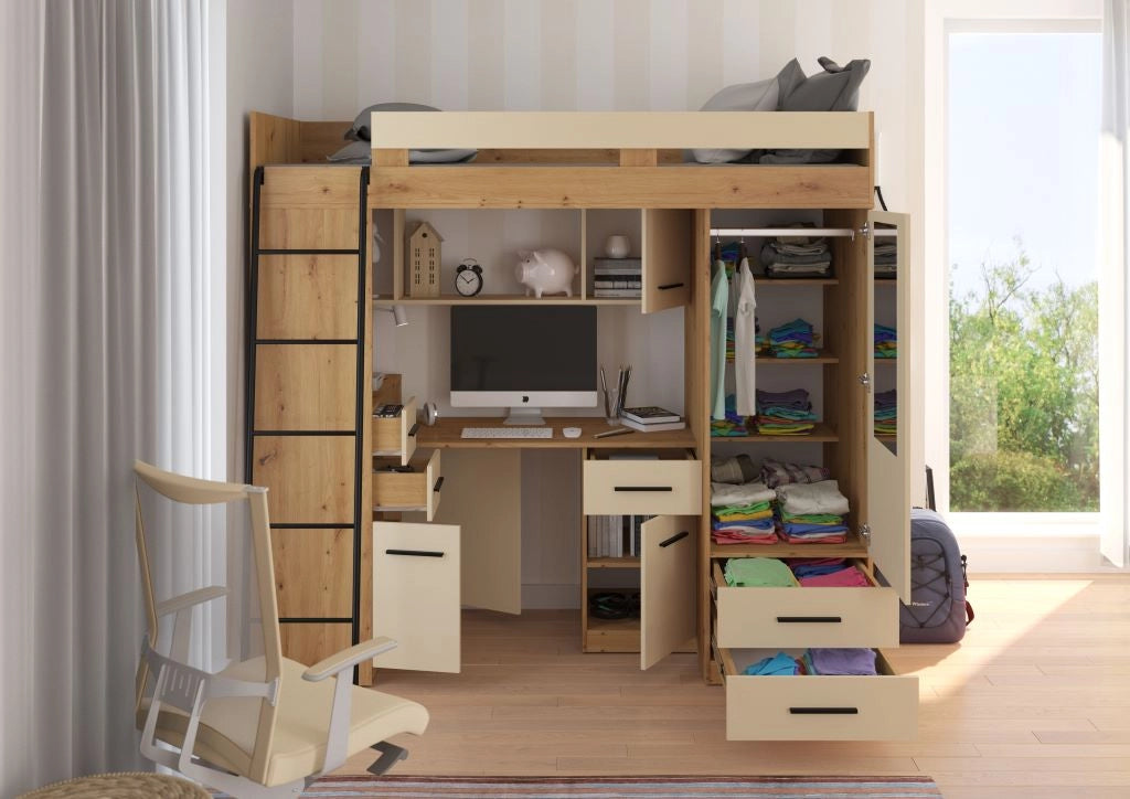 BIM Furniture letto soppalco con scrivania SMYK L cm110x204x188h Rovere scuro Crema