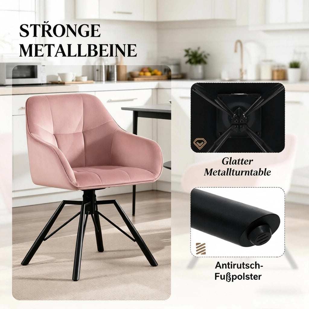 SEDIA Girevole da pranzo 58,5 x 82,5 x 54,5 cm Velluto Rosa Set 2 pezzi