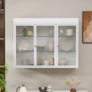 Armadio a Muro a 3 Ante in Vetro con Design Curvo, Spazio di Archiviazione Versatile，per Soggiorno e Bagno, 90×20×70 cm, Bianco
