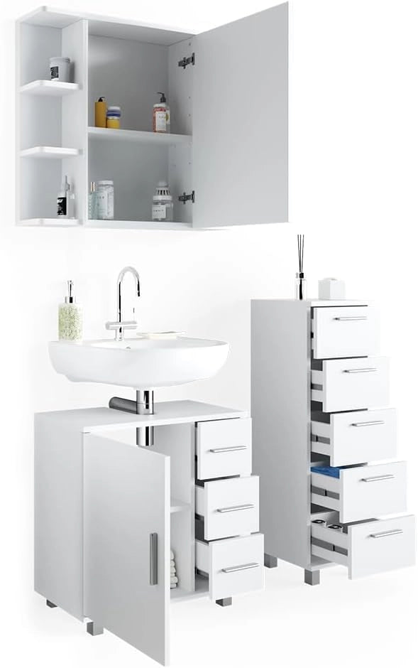 Set mobili bagno Ilias, Bianco, 60 cm, composto da mobile sottolavabo, specchiera e mobile medio