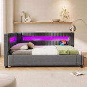 Letto daybed 90x200 cm in lino grigio con LED; contenitore idraulico; USB e Type-C