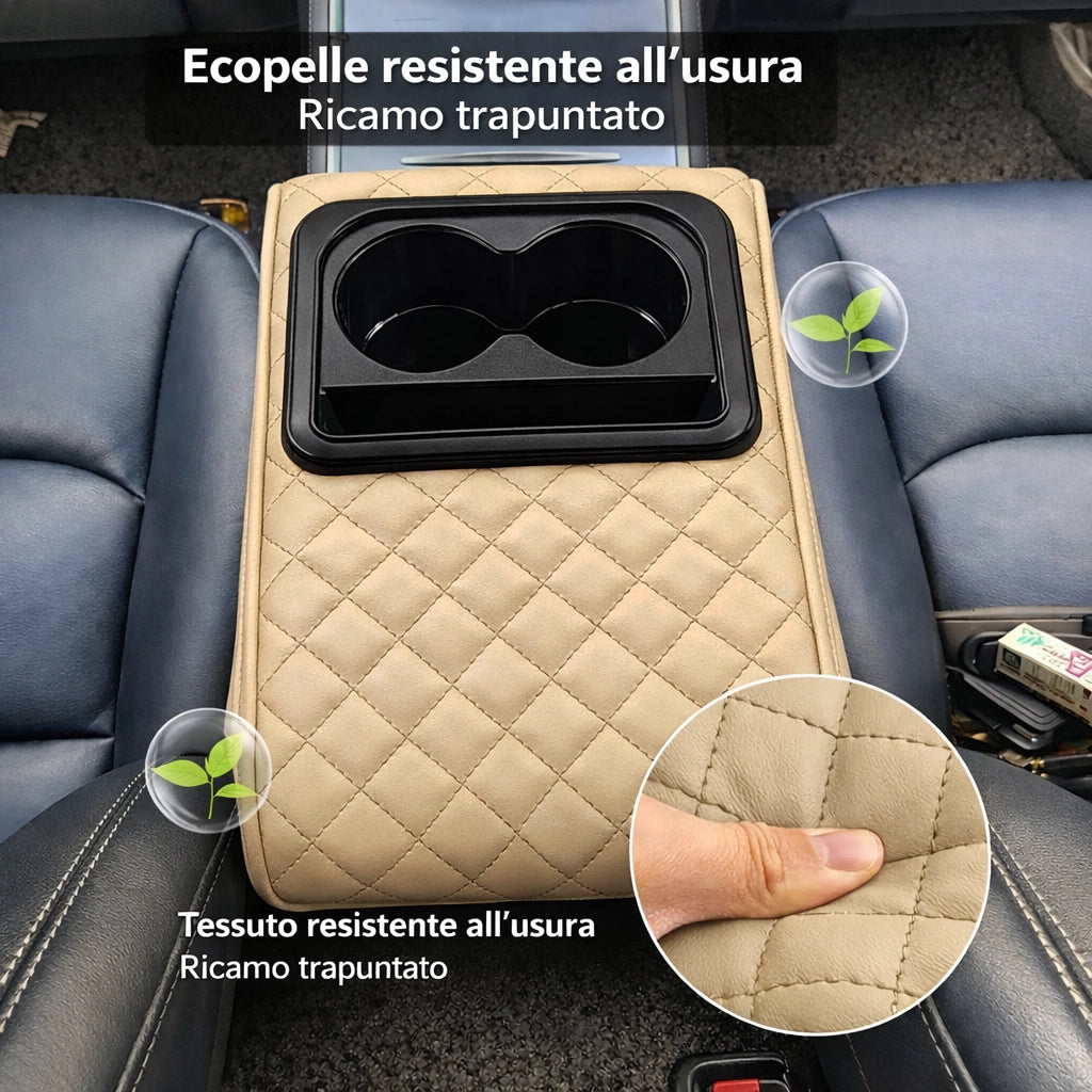 Cuscino Bracciolo Auto in Pelle 2 Portabicchieri in Pelle Beige Organizer