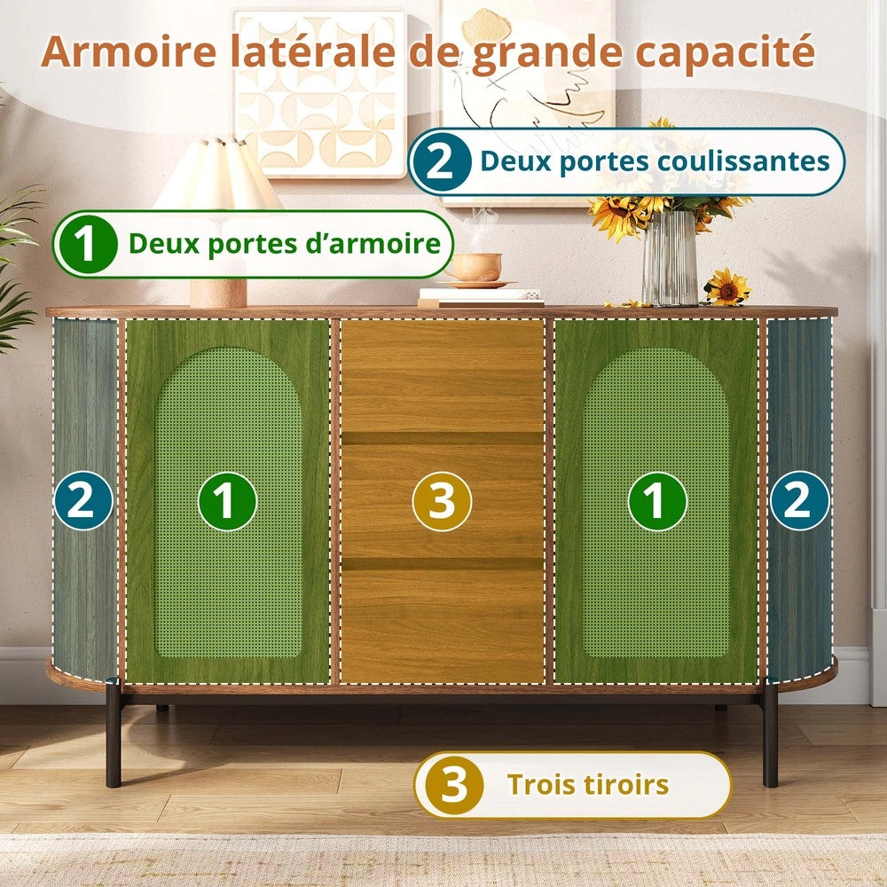 Credenza Ovale con Ante a Scorrimento in Rattan, Cassetti e Ripiani ¨C MINIMAL ¨C Legno e Metallo