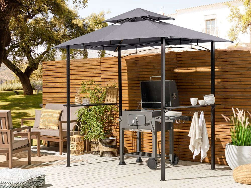 Gazebo Beige Tessuto Grigio Acciaio 240 x 148 cm Telaio in metallo Tettoia con ganci e mensole Padiglione da giardino
