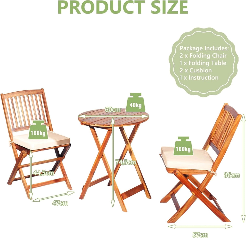 Set da Bistrò Pieghevole, Tavolo Portato 40 kg, Sedie con Cuscini Portato 160 kg, Set Giardino, Set Tavolo e Sedie da Giardino, Set da Esterno per Balcone (Cuscini Beige)