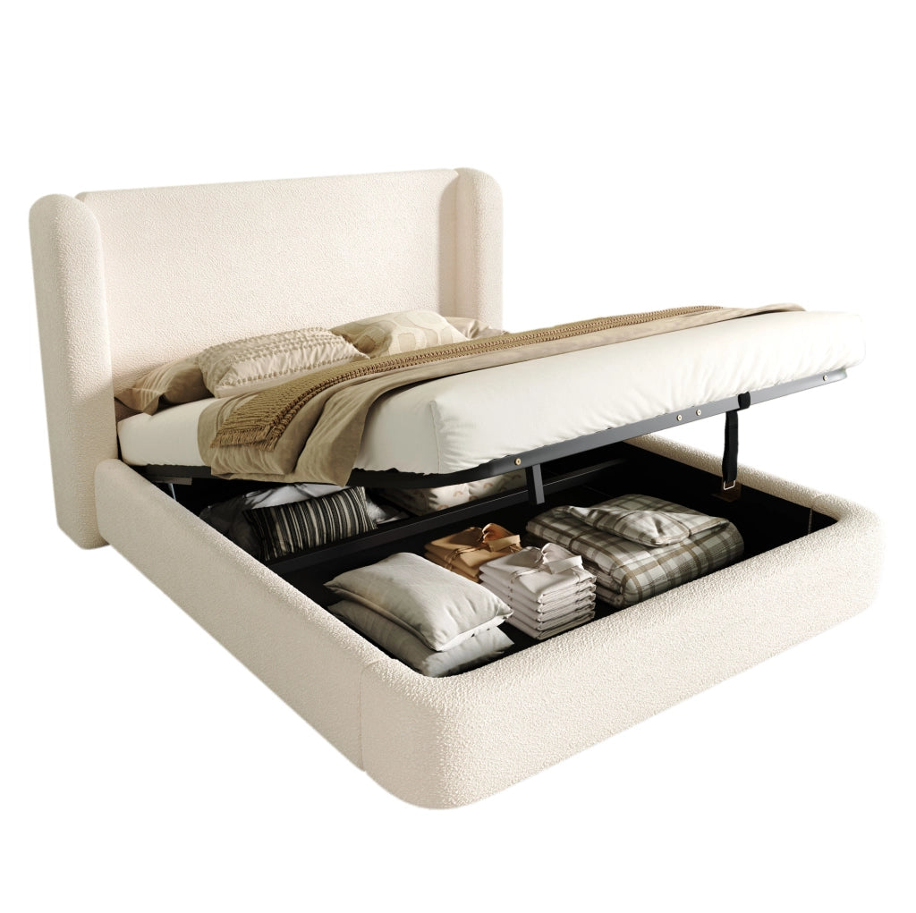 Letto matrimoniale imbottito con contenitore; testiera in bouclé beige; 219x189x100 cm