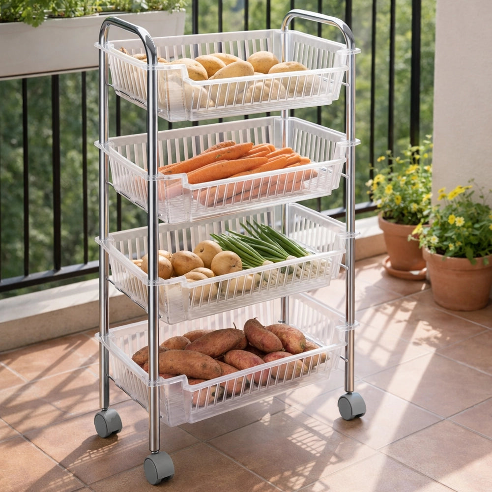 Carrello Portafrutta con 4 Cestelli Cestino in Plastica e Struttura in Metallo