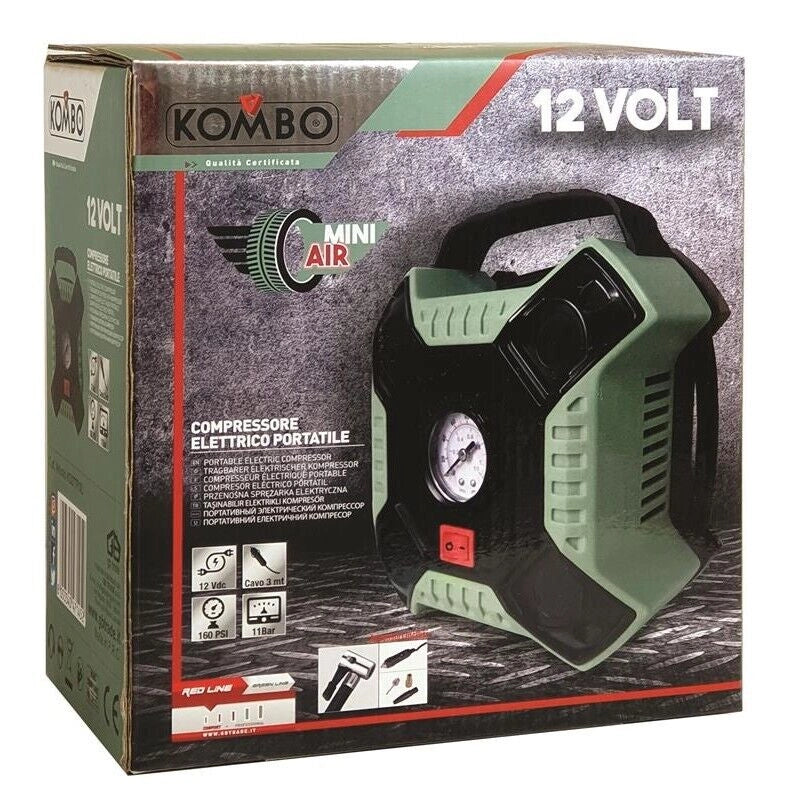 COMPRESSORE ELETTRICO PORTATILE  DA 12V CON 3 ADATTATORI E CAVO DA 3 MT PRESSIONE MAX: 160PSI/11BAR  OKP