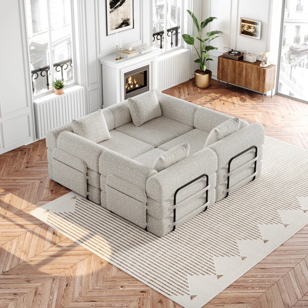 Divano letto modulare in ciniglia con vano portaoggetti nel bracciolo e struttura in acciaio configurabile cachi