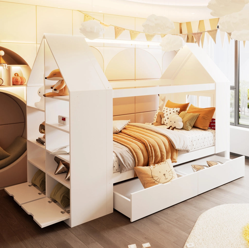 Letto a casetta per bambini 90x200 cm bianco con LED e cassetti