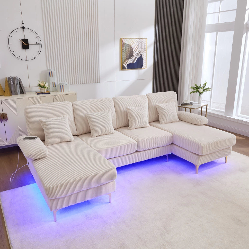 Divano Panoramico a U con Luce Led e Porta Usb; 4 Cuscini; Schienale Ergonomico; Velluto Beige
