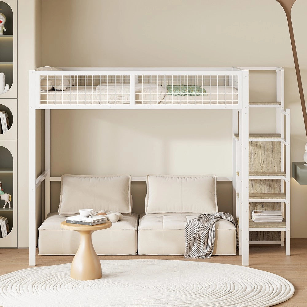 Letto a Soppalco con Armadio e Scaffale ¨C MINIMAL ¨C Bianco, 140x200, Metallo