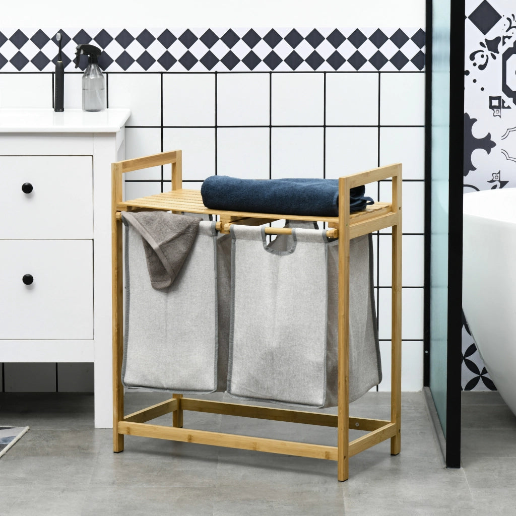 Cesto portabiancheria in bamb¨´ ¨C Xylo ¨C con 2 borse estraibili e ripiano, capacit¨¤ 2x40,6L, 64x33x73 cm