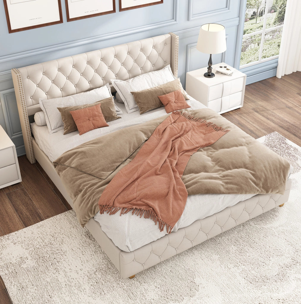 Letto imbottito 160x200 cm con rete a doghe e testiera beige in lino