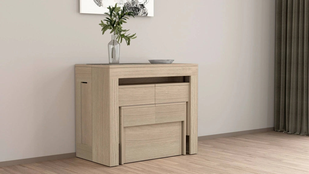 Set tavolo e sedie Auditore, Composizione multiuso, Set con consolle e 2 panche allungabili, 100% Made in Italy, 66x25h45 cm, Olmo