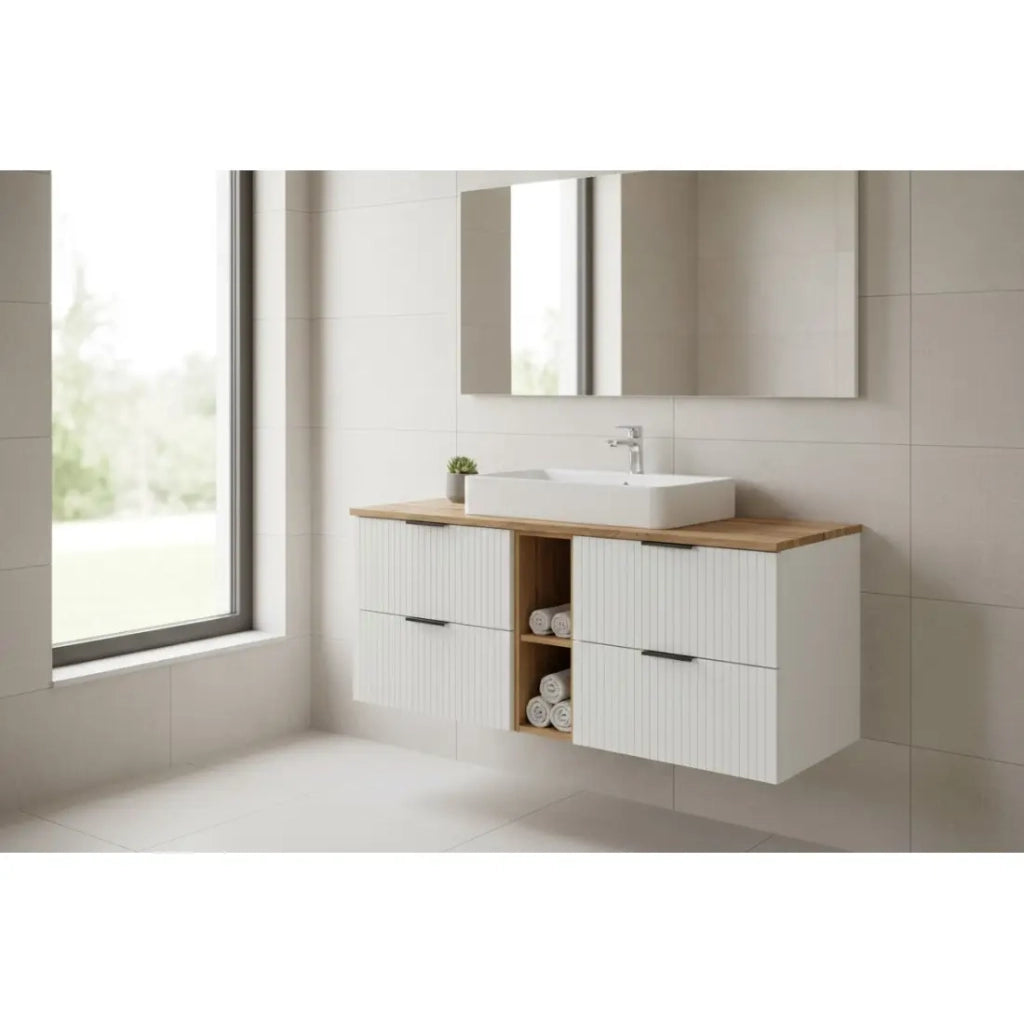 Set di mobili da bagno NOXERA 140 cm con 2 nicchie – Bianco opaco e rovere wotan