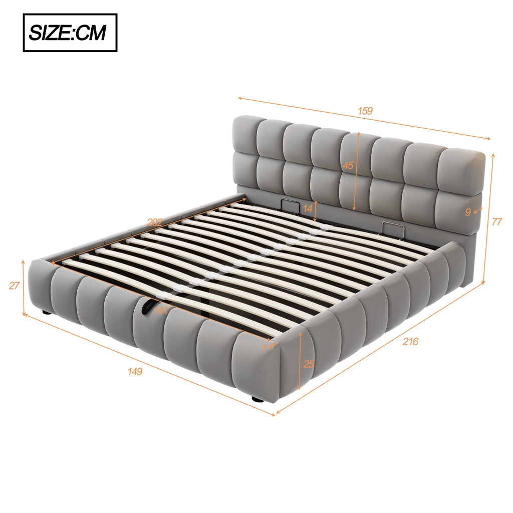 OKWISH Letto Contenitore 140×200 cm, Letto Matrimoniale con Contenitore Idraulico e Testiera Imbottita, senza Materasso, in Velluto, Grigio