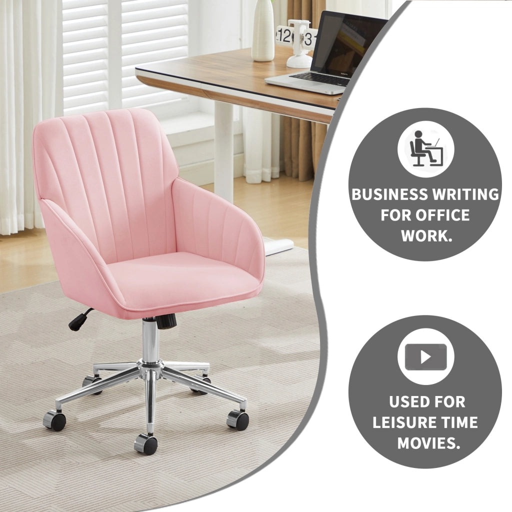Sedia da ufficio girevole ergonomica con altezza regolabile seduta imbottita e ruote in velluto rosa per casa e studio