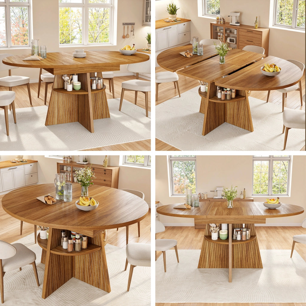 Tavolo da pranzo allungabile con vano aperto, piano spesso e bordi arrotondati, marrone scuro, 110-150 × 110 × 76 cm