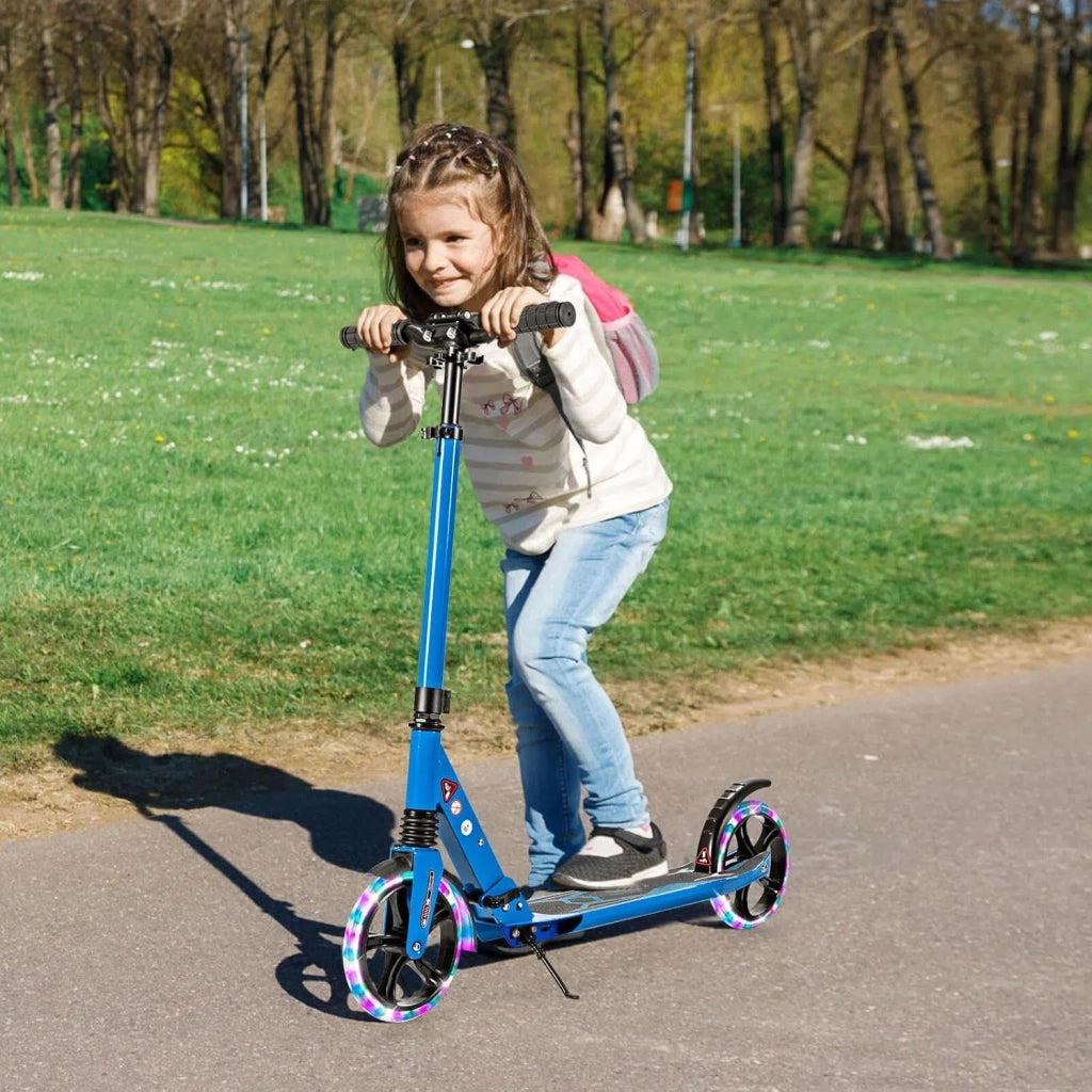 Monopattino da bambino con 2 ruote, LED e freno, skateboard pieghevole, 3 altezze regolabili, scooter in alluminio con cavalletto e cintura, carico 100 kg, bambini 8 anni