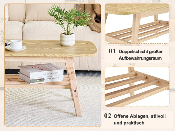 Tavolino basso con 2 ripiani contenitore e base in legno massiccio per soggiorno stile moderno 110 × 58 × 19 cm