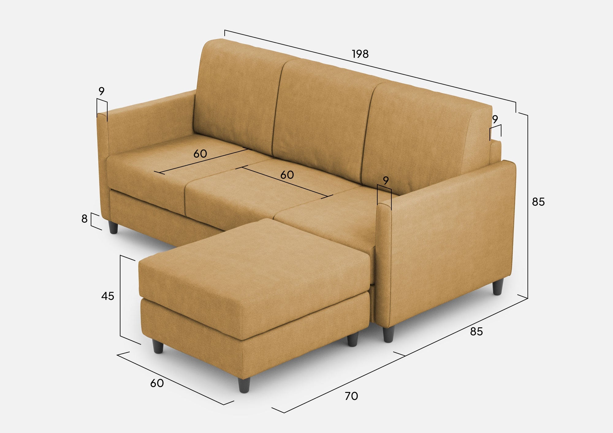 Divano 3 Posti con Pouf 198x155x85 cm Karay in Tessuto Ocra
