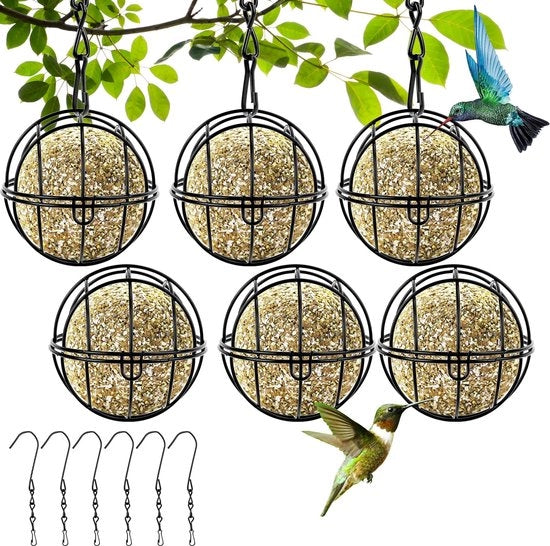 Pacchetto di 6 case per uccelli, casa per uccelli da appendere, casa per uccelli in metallo con uncini a S, casa per uccelli selvatici nel giardino, passeri, merli - nero