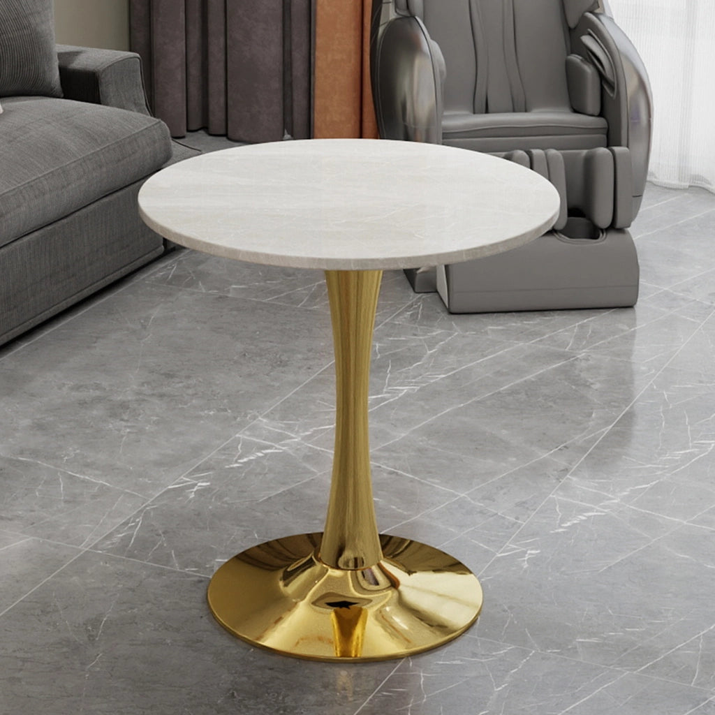 Tavolo da pranzo - rotondo 70 cm - stile mid-century - marmo venato bianco - per 2-4 persone - dorato