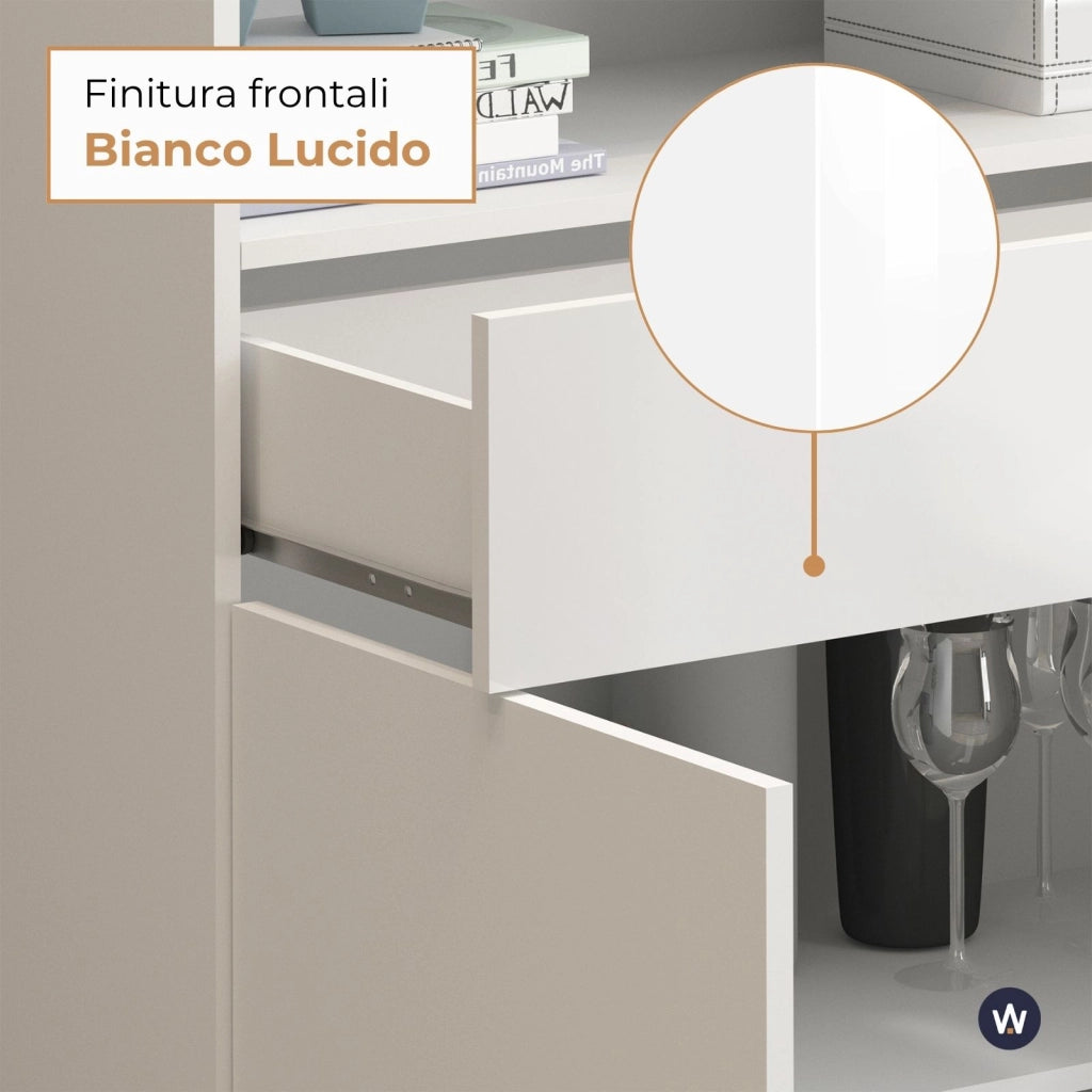 WHOUS Credenza Potenza con 2 ante e 1 cassetto bianco lucido 100x40x121,5 cm