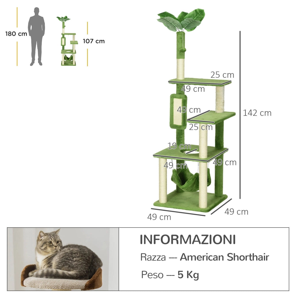 EasyComfort Albero Tiragraffi per Gatti con Amaca, Pallina e Tiragraffi in Sisal, 49x49x142cm, Verde