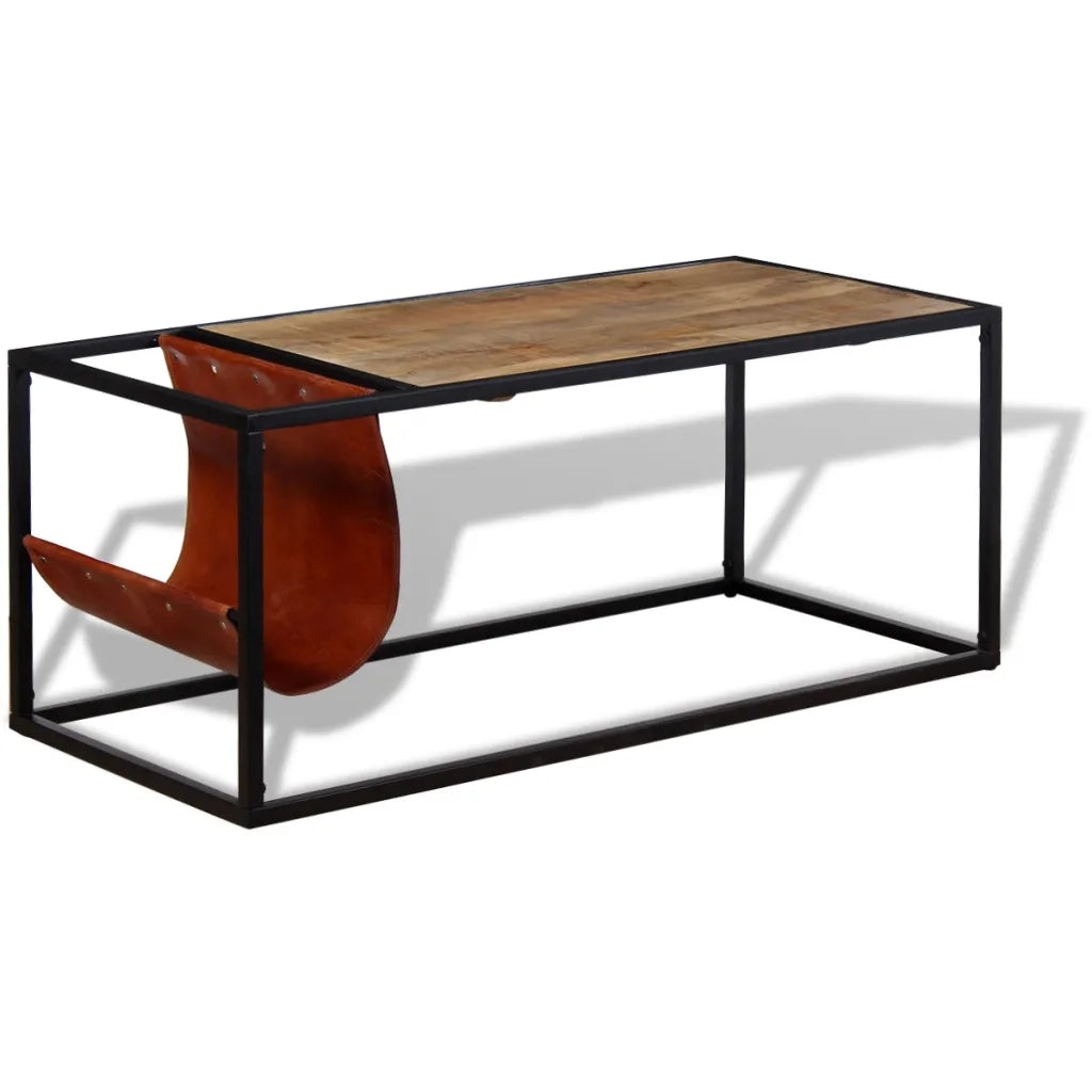 Tavolino da CaffÃ¨ in Vera Pelle con Portariviste 110x50x45 cm