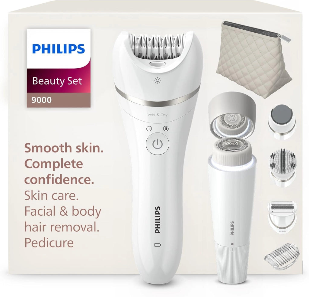 Beauty Set Serie 9000 - Set all-in-one per tutto il corpo, epilatore senza fili, wet & dry, 6 accessori, modello BRE770/92