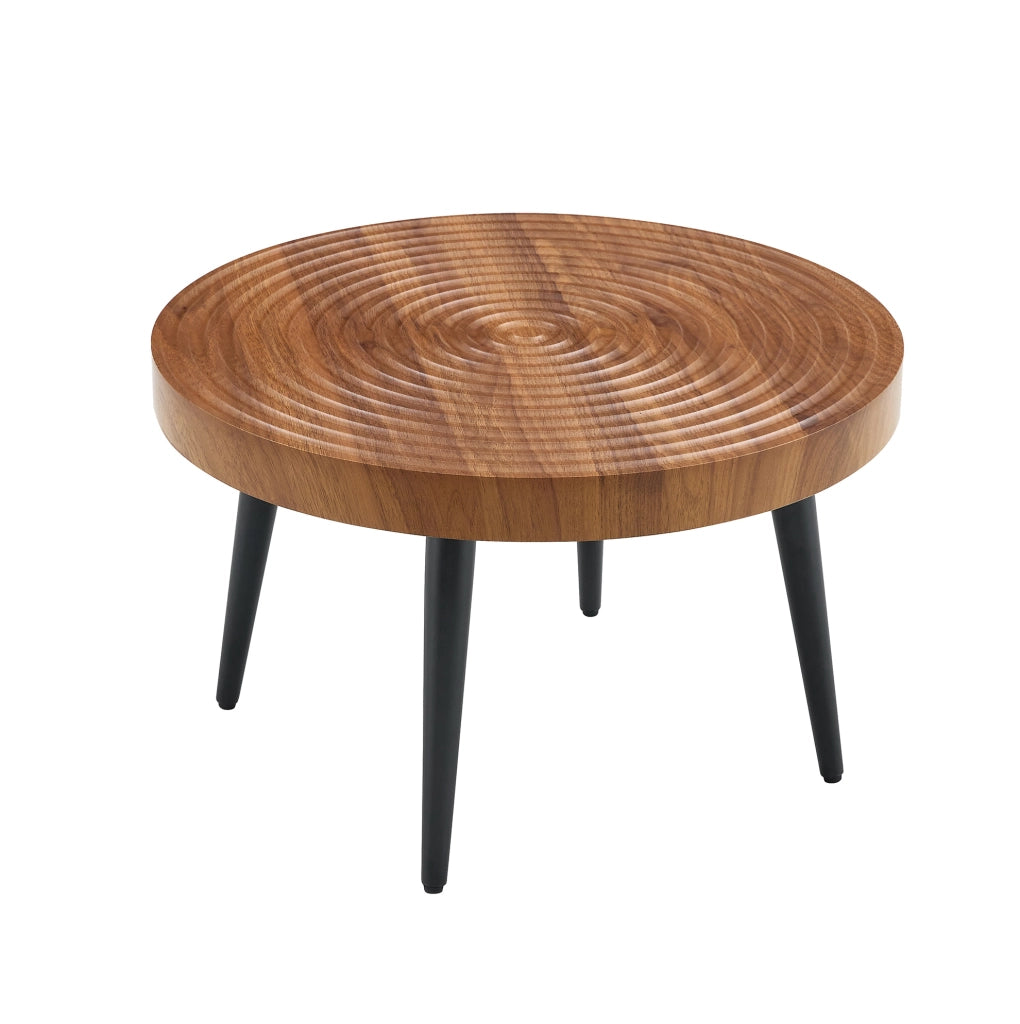 Tavolino da caffè rotondo in MDF e metallo effetto noce con gambe nere