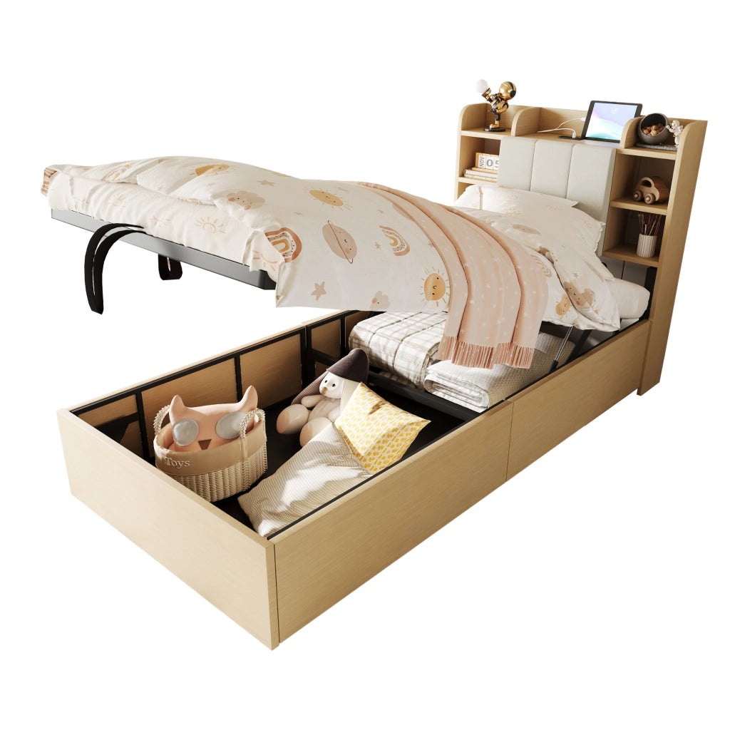 OKWISH Letto Contenitore 90×200 cm, Letto Singolo con Contenitore Idraulico, USB, Tipo C e Scomparti, senza Materasso, in MDF, Legno Naturale