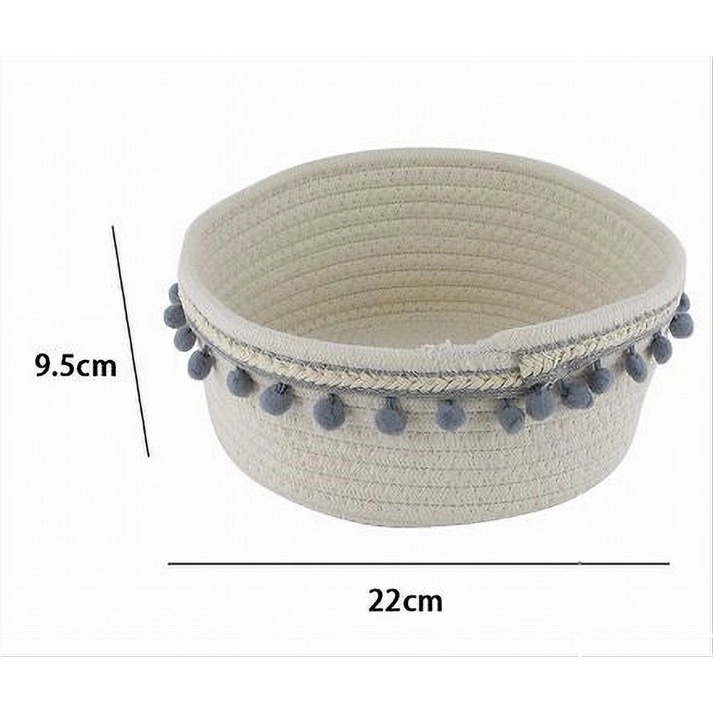 Trade Shop - Cesto Porta Oggetti Per Biancheria In Corda Pon Pon Grigi Cestino 22x9.5cm 10670 -