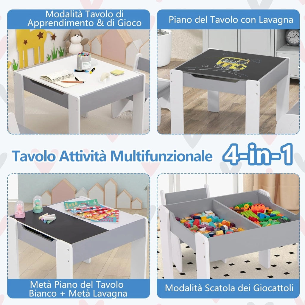 Tavolo e Sedie per Bambini 3 in 1, Tavolino con Lavagna Rimovibile e Archiviazione, per Cameretta (Bianco e Grigio)