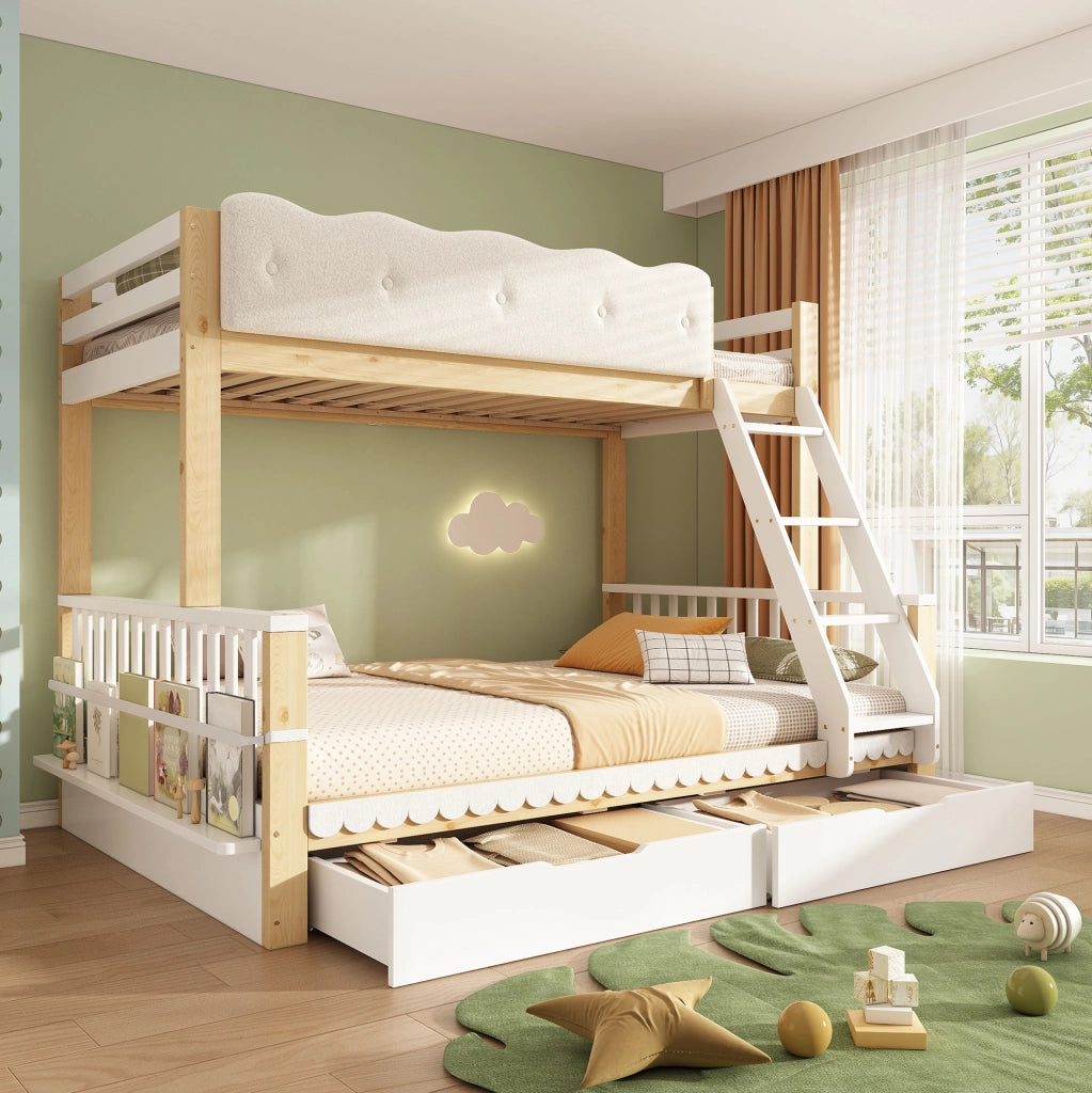 Letto a castello per bambini e adulti 90x200/140x200 cm in legno bianco e eiche con cassetti