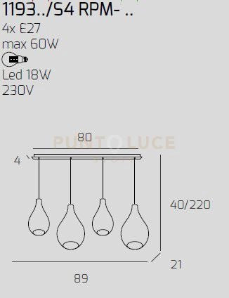 SOSP. OTTONE SAT. 4 LUCI RETTANGOLARE VETRI (2 PICCOLI+2 MEDI) TUTTI AMBRA 1193OS-S4 RPM-AM