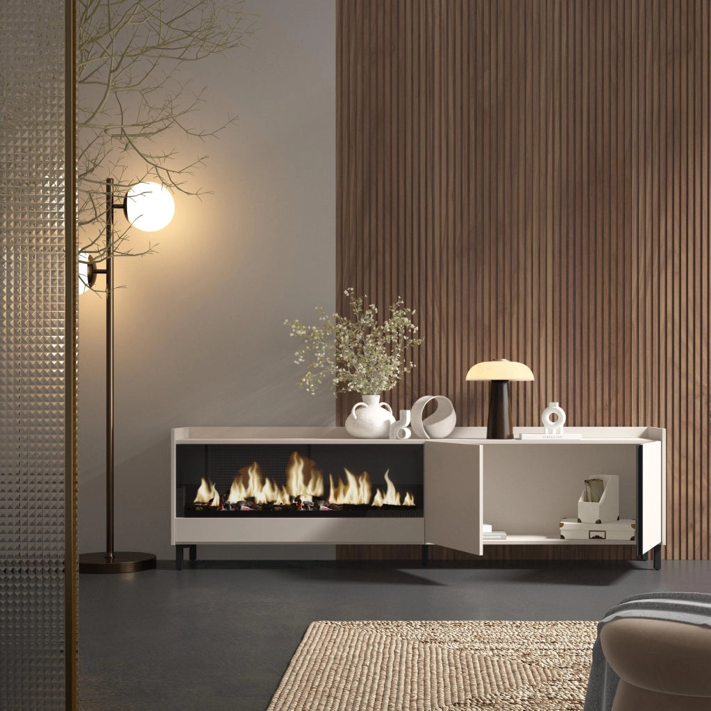 Mobile TV Soggiorno, 212x61x35 cm, Per TV fino a 80", Camino elettrico XXL, Design industriale, Beige