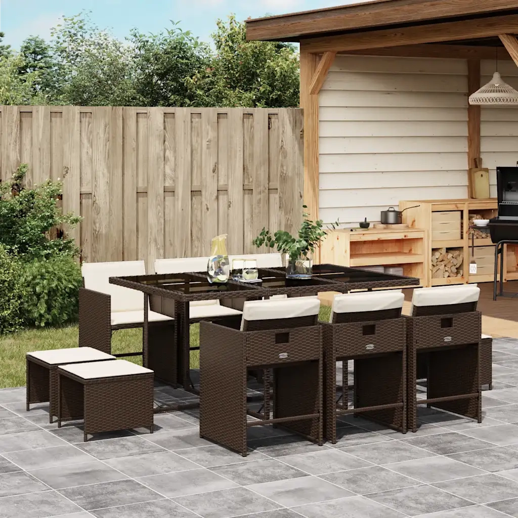 Set da Pranzo da Giardino 11 pz con Cuscini Polyrattan Marrone 3211149
