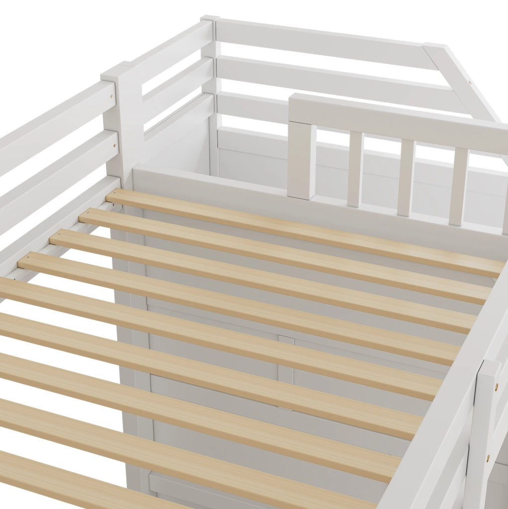 Letto a soppalco ULEVR 90x200 cm con rete a doghe, protezione laterale e scala contenitore, bianco