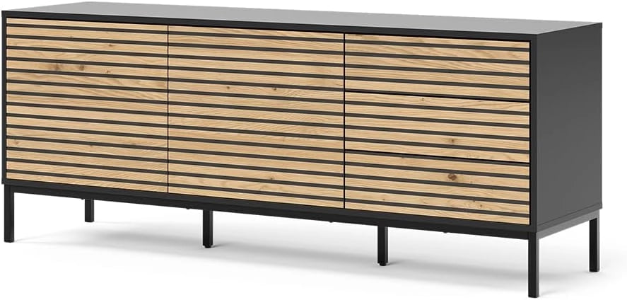 Lavagna Eliza, Bianco, 150 x 60 cm con 3 cassetti, 2 ante, utilizzabile come supporto TV e per la conservazione