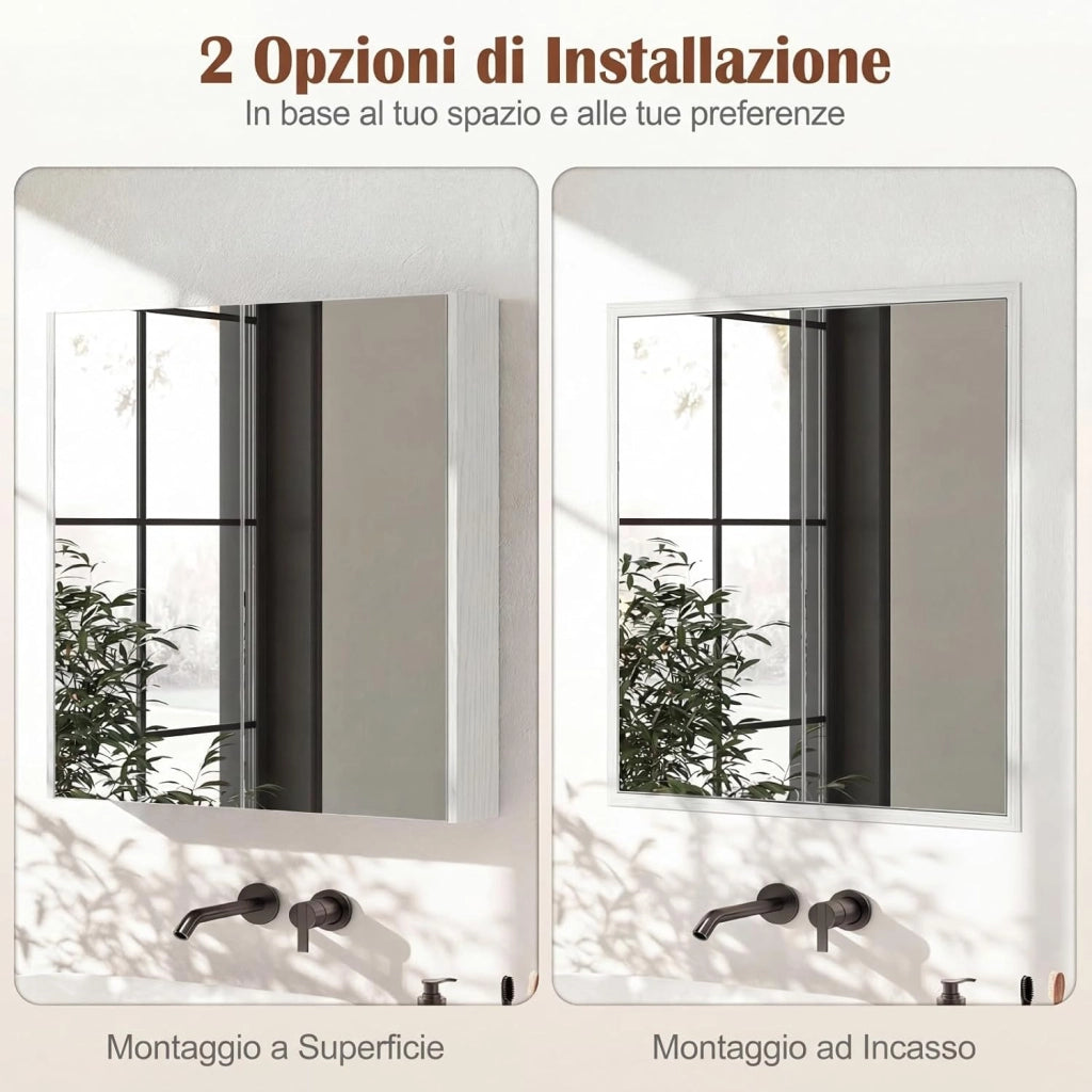 Armadietto da Bagno con Specchio a 2 Ante, Mobiletto da Parete Pensile Salvaspazio in Legno, Mobile Bagno Sospeso per Camera da Letto, Ingresso e Soggiorno, 62 x 11 x 65 cm (Bianco)