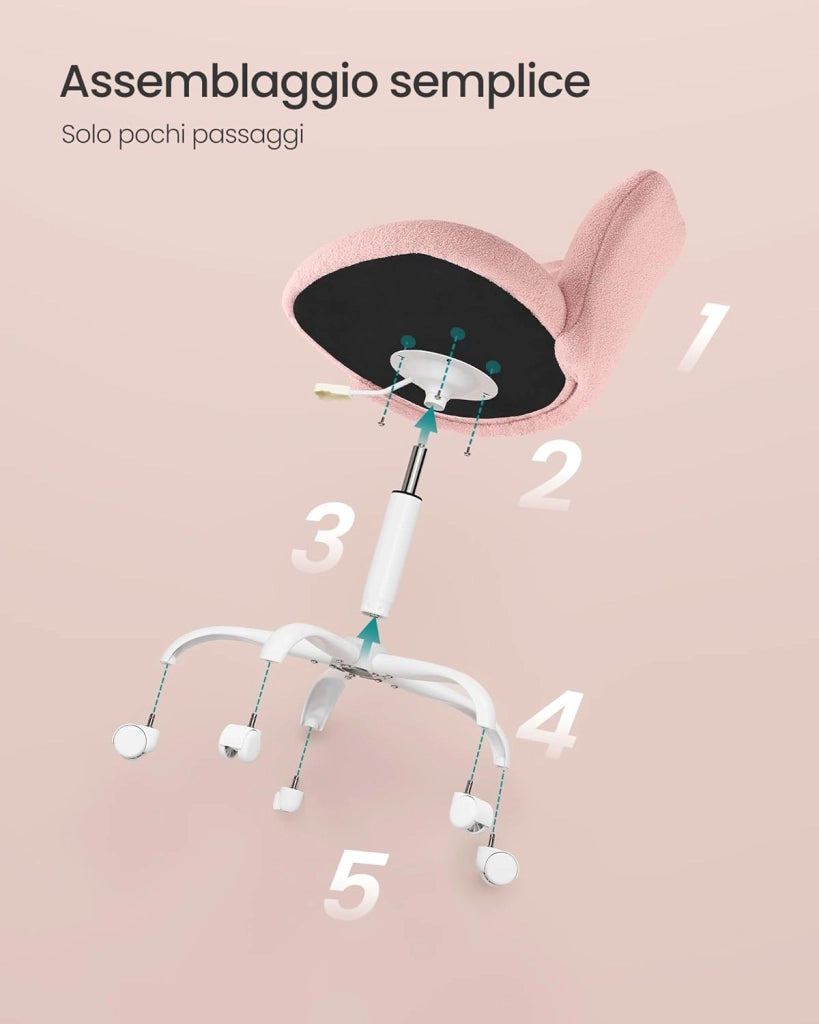 SONGMICS Sedia da Ufficio Girevole a 360°, Sedia da Trucco Imbottita, Tessuto Peluche, Regge 110 kg, Schienale a Petali, Altezza Regolabile, Soggiorno Camera da Letto, Rosa Pastello OBG030SA01