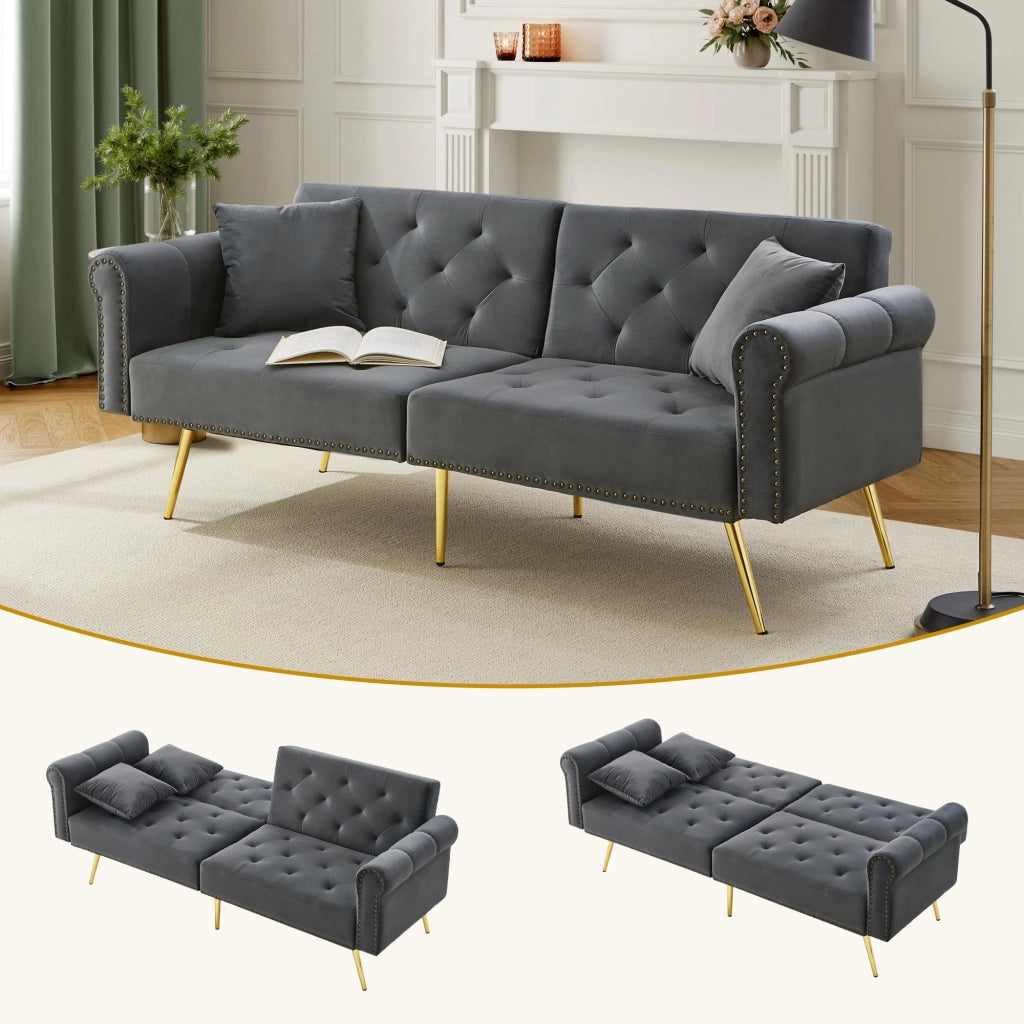 Divano Letto 2 Posti con Schienali Regolabili in 3 Posizioni e 2 Cuscini, in Velluto Antique Gray