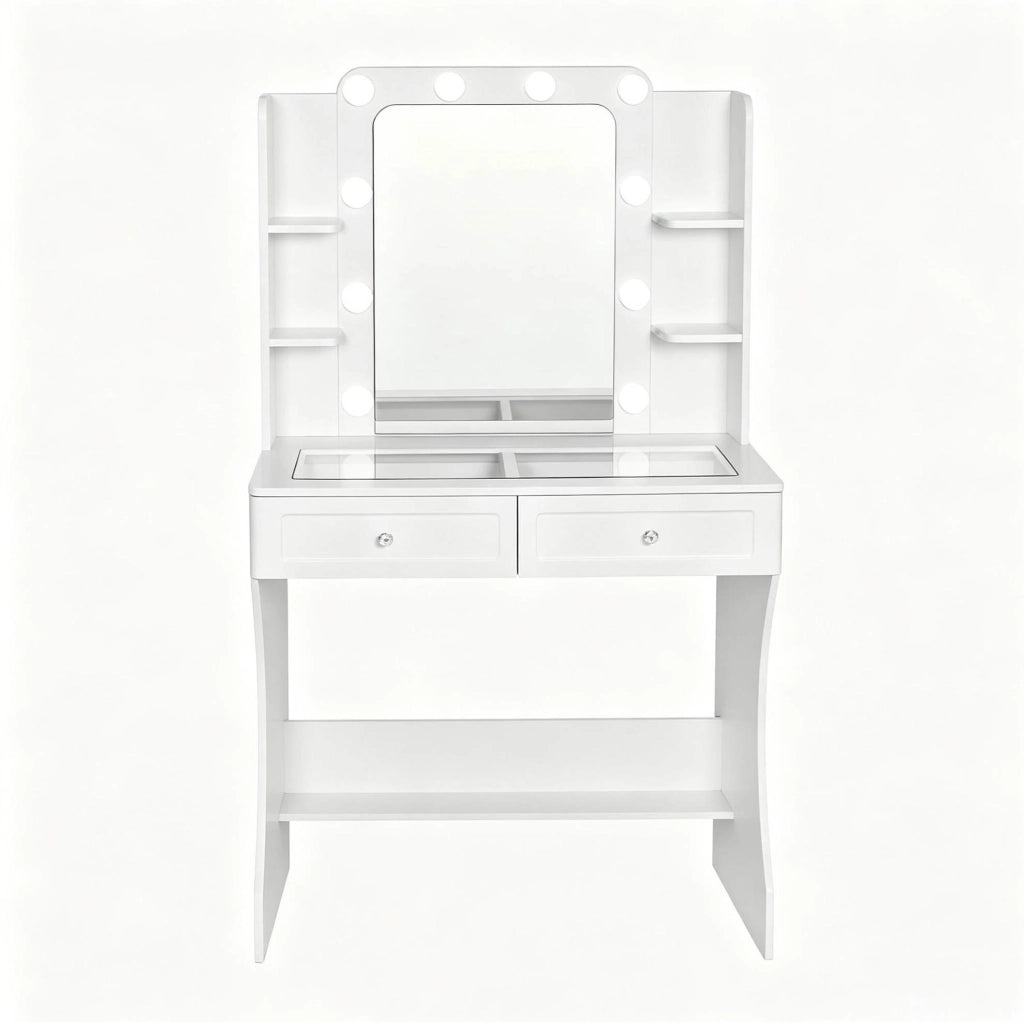 Tavolo da trucco con specchio LED e piano in vetro temperato 80x135x40 cm; bianco