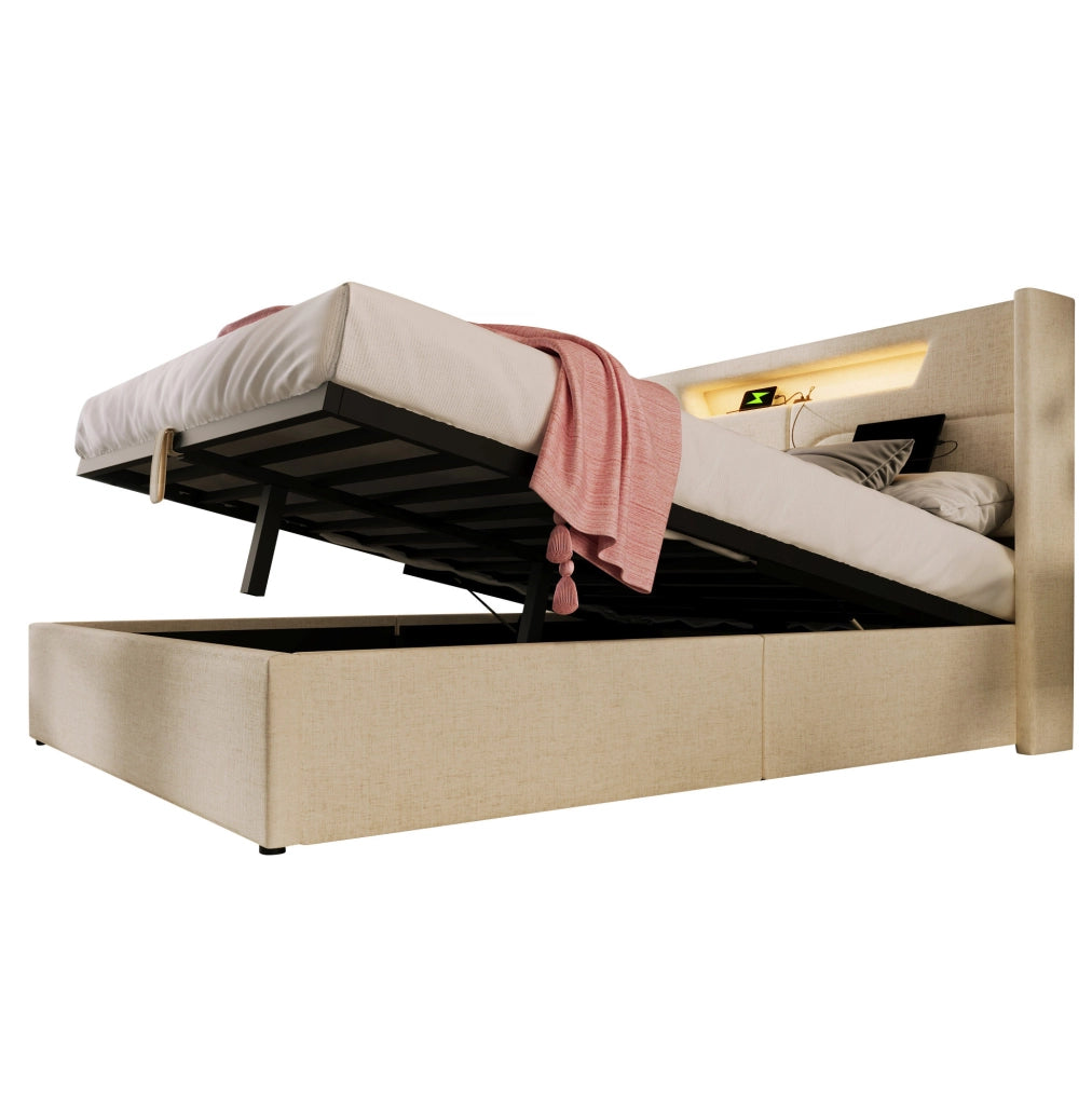 Letto matrimoniale 160x200 cm in lino beige con LED; USB e Type C; contenitore con rete