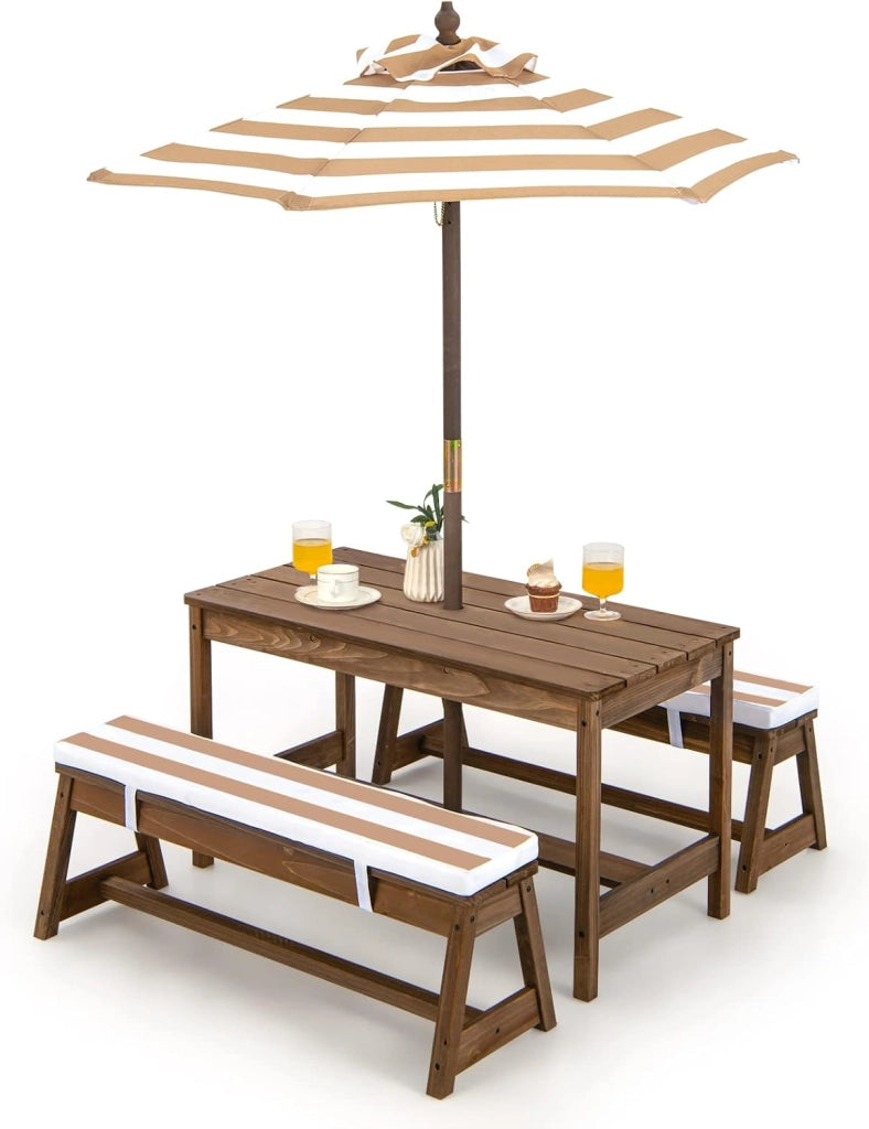 Tavolo da Picnic per Bambini con Parasole Pieghevole, Set di Tavolo e Panca in Legno con Cuscini, per Giardino, Cortile, Patio (Marrone)